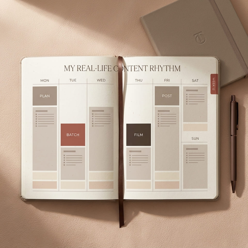 Weekly content rhythm planner mockup